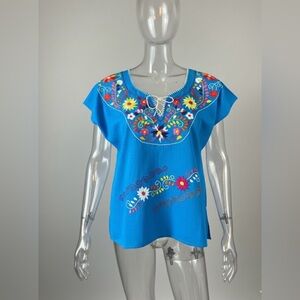 Nwt Mexican Handmade Embroidered Blouse – Blue Cotton/Linen, Size M